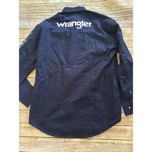 NEW Wrangler Shirt Vintage Blue Shirt Cowboy Button L Spell Out Logo MP2327N - Picture 9 of 10